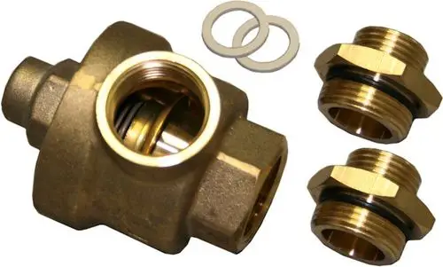 BOSCH Überströmventil aus Messing mit zwei anschraubbaren Adaptern und Dichtungen, geeignet für Heizungsanwendungen.